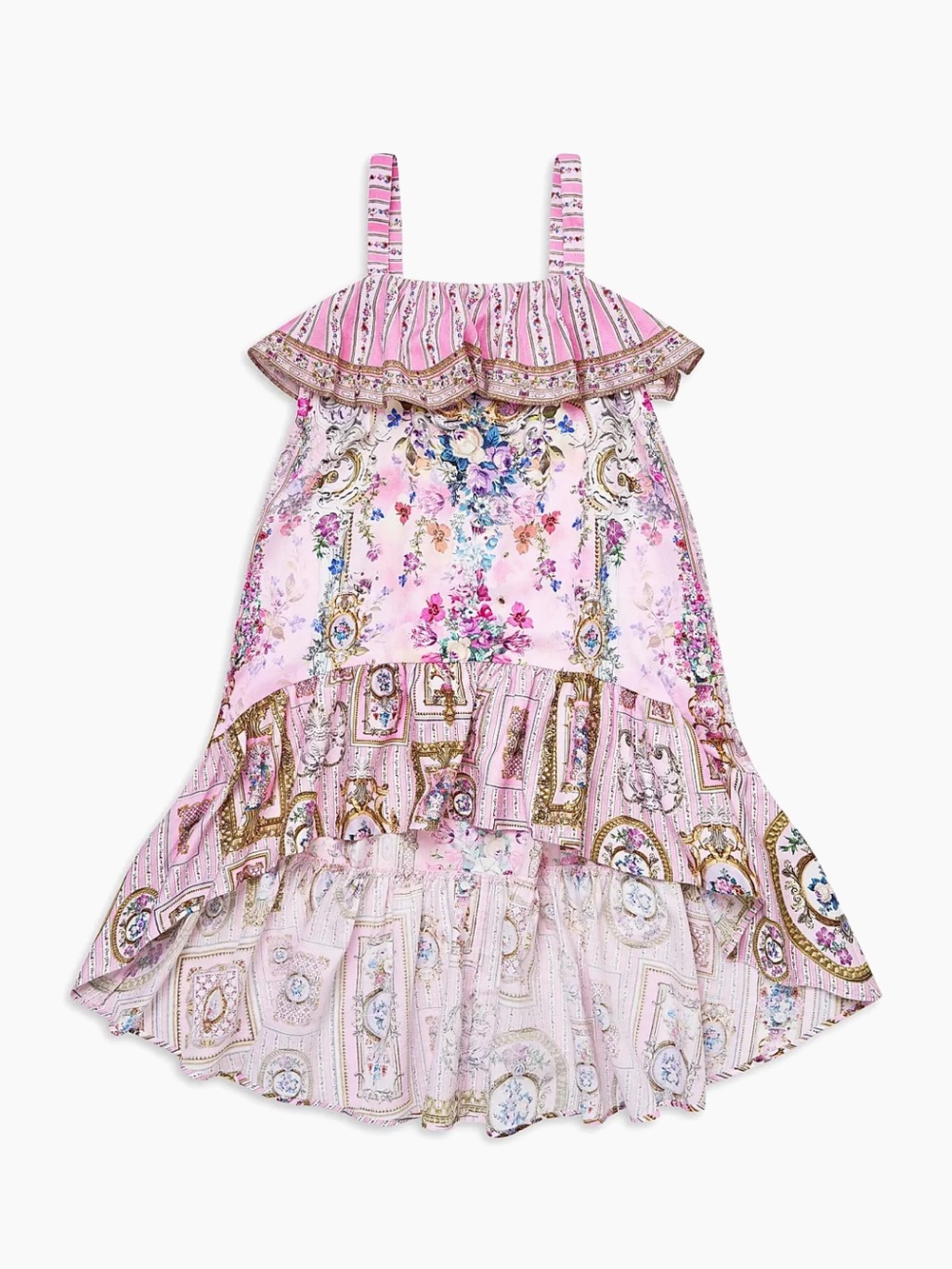 Camilla Pink Floral Kids Wide Strap High Low Dress With Frills palatial pastels